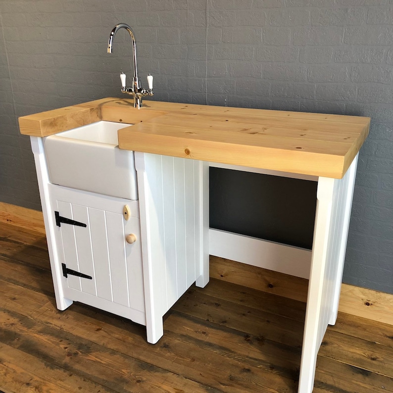 Pine Freestanding Kitchen Utility Room Baby Belfast Butler Sink Unit With Appliance Gap