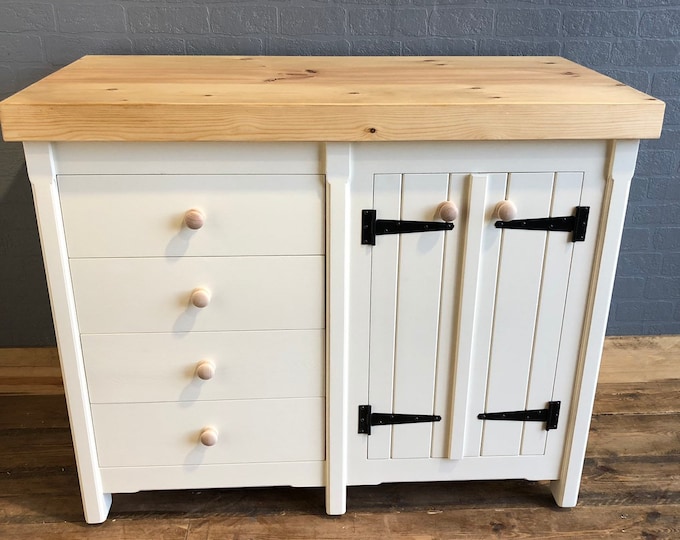 Double Door Cupboard with Drawers - Chunky Pine Worktop - Handmade - Rustic - Freestanding Furniture