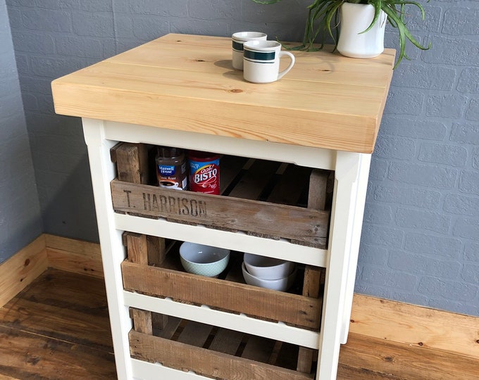 Freestanding Rustic Island with Chunky Pine Top (small) - Handmade Kitchen / Utility Storage Unit with Vintage Trays