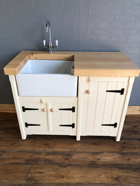 Freestanding Belfast Butler Sink Unit & Single Cupboard with Chunky Pine Top - Handmade Rustic Kitchen Cabinets