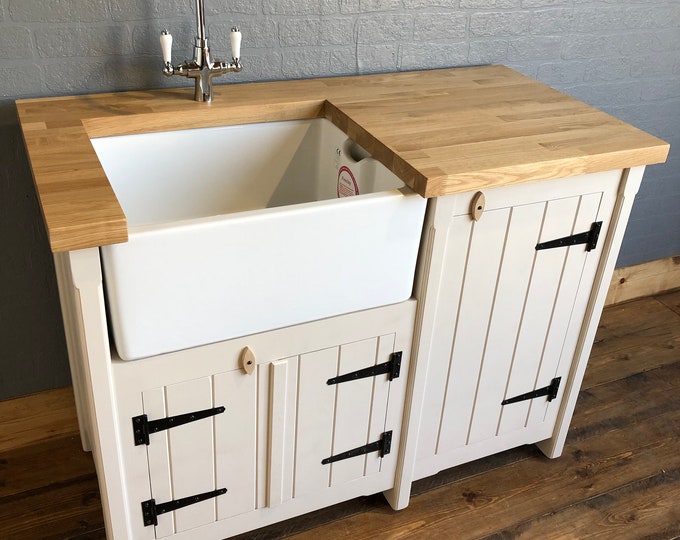 Freestanding Belfast Butler Sink Unit with Cupboard & Oak Top - Handmade Rustic Furniture