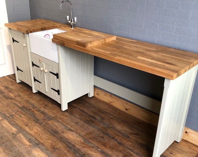 Freestanding Kitchen Belfast Butler Sink Unit with Cupboard & Double Appliance Gap with Oak Top