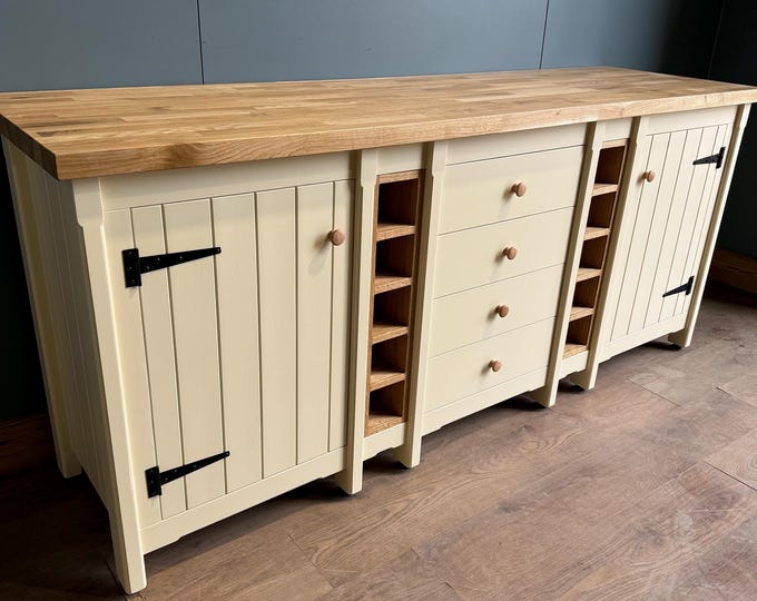 Handmade  Kitchen / Sideboard Unit with Cupboard, Drawers & Wine Racks. Solid Oak Worktop. Freestanding Furniture