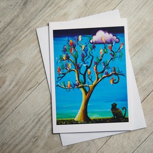 Cartão de felicitações Once Upon A Tree...IMPRESSO, Cartão de gato, Pássaros coloridos, Arte surreal, Cartão de arte, Cartão de aniversário, Cartão caprichoso, Cartão infantil