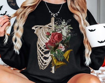 Armonia anatomica, Felpa da infermiera, Regalo per Dottore Infermiere Laureato, Anatomia, Camicia botanica scura, Camicia d'arte anatomica, Osteologia, Fiori di campo