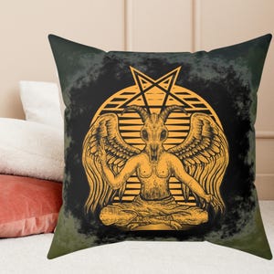 Mystic Baphomet Plush Square Pillow, Gothic Home Decor, Satanic Black Metal, Occult, Horror Gifts, Satan Black Goat, Pentagram, Sigil, Devil