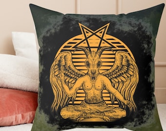Almohada cuadrada de peluche de Baphomet místico, decoración gótica para el hogar, black metal satánico, ocultismo, regalos de terror, cabra negra satánica, pentagrama, sigilo, diablo