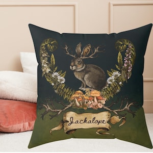 Enchanting Jackalope Pillow, Cottagecore Pennant, Cottagecore Wall Decor, Cryptid Pennant, Goblincore Wall Decor, Dark Academia Decor, Gift