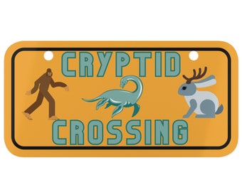Cryptid Crossing Tiny License Plate | Wall Decor, Bigfoot, Loch Ness Monster, Jackalope, Warning Sign, Urban Legends, Cryptozoology