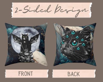 Almohada de gatos negros espeluznantes, regalo para amantes de los gatos, decoración gótica satánica de brujas, gato murciélago gótico espeluznante, calaveras y luna, ocultismo místico, academia oscura