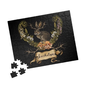 Jackalope Puzzle, Jigsaw Puzzle Pieces, Cryptid Gift, Cryptidcore Cottagecore Goblincore Gift, Botanical Wildflower Puzzle, Spooky Christmas