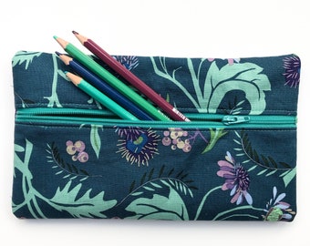 Floral Front Zipper Pouch / Teal Pencil Case / Gift for her / Teacher Gift / Mothers Day