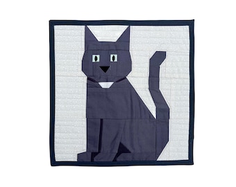 Solid Cat with Locket FPP paper pieced cat quilt block pattern