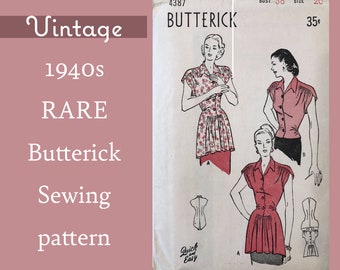 1940s Vintage Dress Pattern, Fourties sewing pattern, Butterick 4387, 38" Bust, size 20, Misses Overblouse in Two Lengths