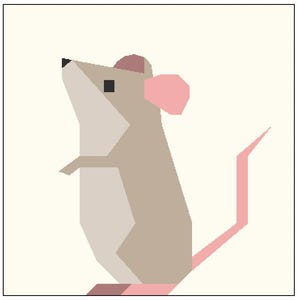 May include: A geometric illustration of a mouse in shades of tan, pink, and black. The mouse is standing upright with its tail extended. The background is a light cream color.