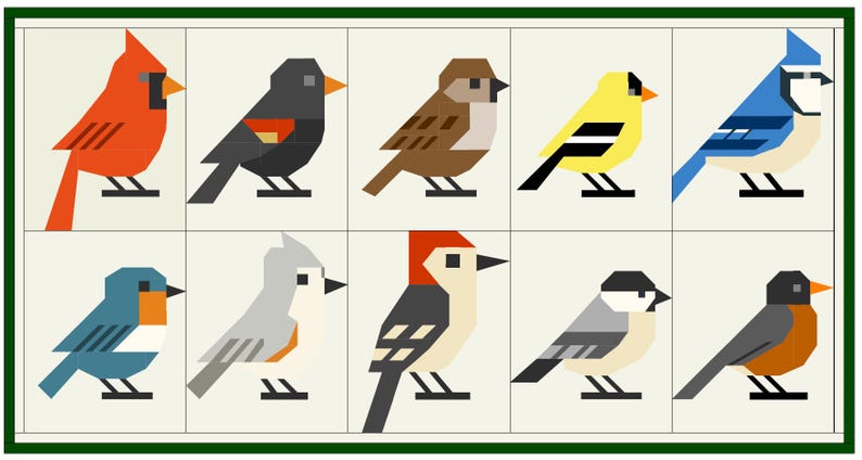 May include: A digital illustration of ten different bird species, each with a unique color scheme and design. The birds are arranged in a grid pattern, with each bird facing forward. The birds are all stylized and simplified, with geometric shapes and bold colors.