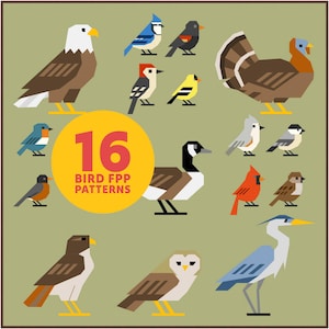 May include: A selection of 16 geometric bird patterns in various colours, including a bald eagle, blue jay, and cardinal. The birds are arranged on a light green background, with a yellow circle containing the text "16 BIRD FPP PATTERNS."