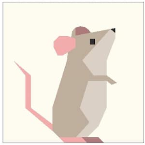 May include: A geometric illustration of a mouse in shades of tan, pink, and black. The mouse is depicted in a stylized, angular form, with a large pink ear, a long pink tail, and a small black eye. The background is a soft cream color.