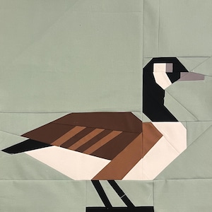Op de afbeelding: Een geometrisch quiltblok met een gestileerde Canadese gans. De vogel heeft een zwarte kop en nek, een bruin lichaam met gestreepte accenten en een witte borst. De achtergrond is lichtgroen.