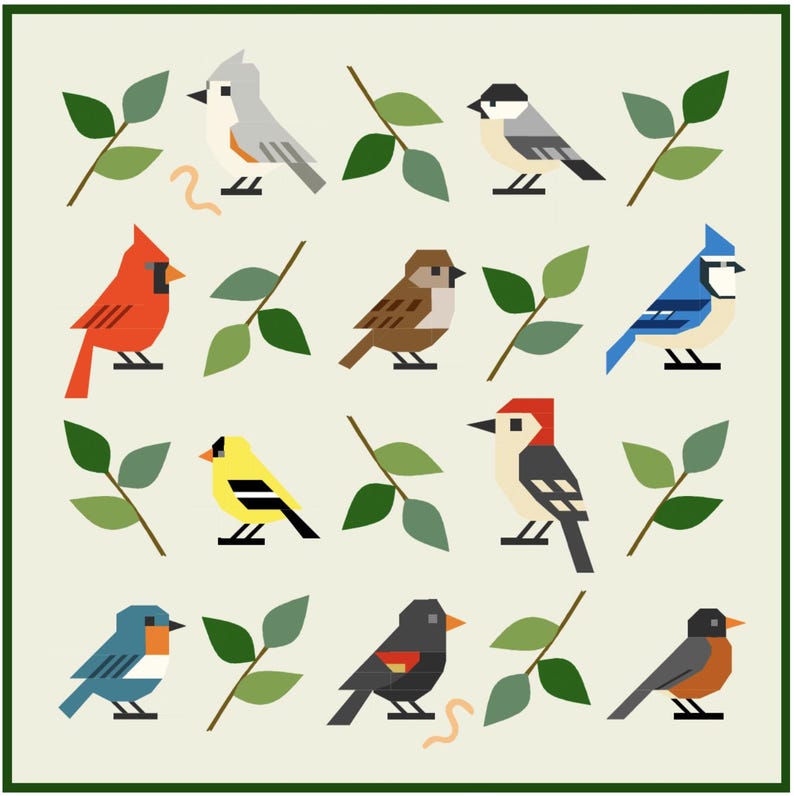 May include: A colorful illustration of 10 different birds with green leaves on a light green background. The birds are a cardinal, a blue jay, a chickadee, a woodpecker, a robin, a goldfinch, a sparrow, a nuthatch, a blackbird, and a red-winged blackbird.