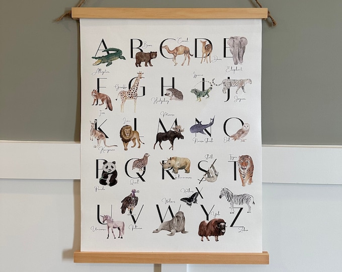 Hanging Canvas Alphabet Animal Wall Art, Safari Nursery Décor, Animal Nursery, Animal Alphabet, Animal Artwork