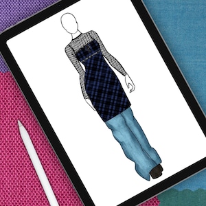 K&ouml;nnte beinhalten: Eine digitale Modeillustration auf einem Tablet-Bildschirm zeigt eine Figur in einem &auml;rmellosen Kleid mit schwarz-blauem Karomuster &uuml;ber einem lang&auml;rmeligen schwarzen Netzoberteil, kombiniert mit einer hellblauen weiten Hose.
