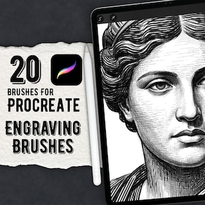 Puede incluir: Una tableta digital que muestra un retrato en blanco y negro estilo grabado de una persona con cabello ondulado. Junto a la tableta hay un lápiz óptico blanco. El texto a la izquierda dice 20 BRUSHES FOR PROCREATE ENGRAVING BRUSHES.