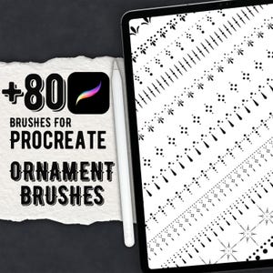 May include: A digital tablet displaying a collection of black and white ornament patterns, accompanied by a white stylus. The text on the left reads +80 BRUSHES FOR PROCREATE ORNAMENT BRUSHES, featuring the Procreate app icon in black and colour.