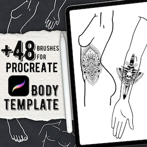 Puede incluir: Una tableta digital que muestra una plantilla corporal con diseños de tatuajes, incluyendo un mandala y una calavera con una daga. La pantalla muestra ilustraciones de líneas. Un lápiz óptico blanco descansa sobre la tableta. El texto dice +48 BRUSHES FOR PROCREATE BODY TEMPLATE.