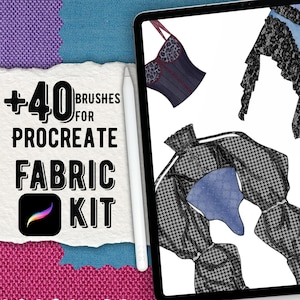 Puede incluir: Una tableta digital que muestra ilustraciones de moda de un corsé con estampado de leopardo y una prenda con patrón de pata de gallo, junto a un lápiz óptico y el texto +40 BRUSHES FOR PROCREATE FABRIC KIT. El fondo presenta telas texturizadas azules y moradas.