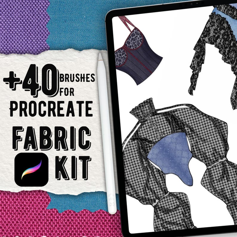 K&ouml;nnte beinhalten: Ein digitales Tablet mit Modeillustrationen eines Korsetts mit Leopardenmuster und eines Kleidungsst&uuml;cks mit Hahnentrittmuster, dazu ein Eingabestift und der Text +40 BRUSHES FOR PROCREATE FABRIC KIT. Der Hintergrund zeigt texturierte blaue und violette Stoffe.
