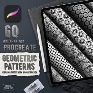 Könnte beinhalten: Ein digitales Set aus 60 Procreate-Pinseln mit geometrischen Mustern, die auf einem Tablet-Bildschirm mit einem Eingabestift angezeigt werden. Der Text lautet 60 BRUSHES FOR PROCREATE GEOMETRIC PATTERNS DIGITAL DOWNLOAD. Die Muster zeigen hexagonale Motive.