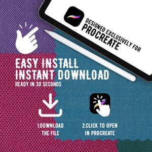 K&ouml;nnte beinhalten: Ein digitales Tablet mit einem Eingabestift, das den Text DESIGNED EXCLUSIVELY FOR PROCREATE anzeigt. Darunter steht in wei&szlig;er Schrift EASY INSTALL INSTANT DOWNLOAD READY IN 30 SECONDS, sowie Symbole zum Herunterladen und &Ouml;ffnen in Procreate.