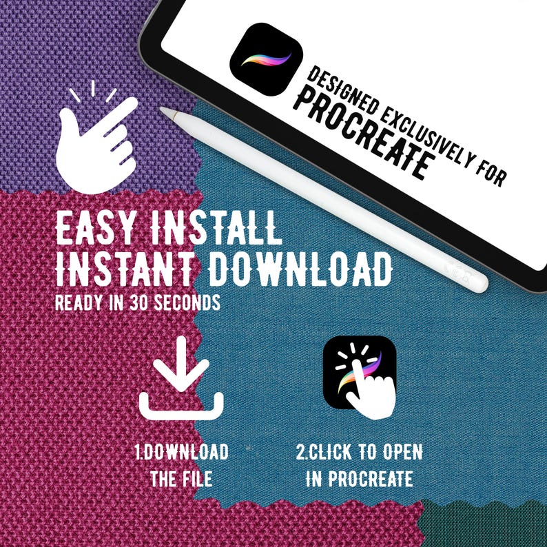 K&ouml;nnte beinhalten: Ein digitales Tablet mit einem Eingabestift, das den Text DESIGNED EXCLUSIVELY FOR PROCREATE anzeigt. Darunter steht in wei&szlig;er Schrift EASY INSTALL INSTANT DOWNLOAD READY IN 30 SECONDS, sowie Symbole zum Herunterladen und &Ouml;ffnen in Procreate.