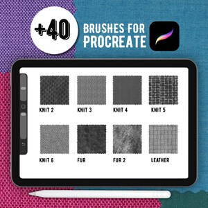 K&ouml;nnte beinhalten: Ein digitales Tablet mit einer Procreate-Oberfl&auml;che und 40 Pinseln, das acht quadratische Muster mit den Bezeichnungen Knit 2, Knit 3, Knit 4, Knit 5, Knit 6, Fur, Fur 2 und Leather zeigt. Der Text lautet +40 BRUSHES FOR PROCREATE mit dem Procreate-Symbol.