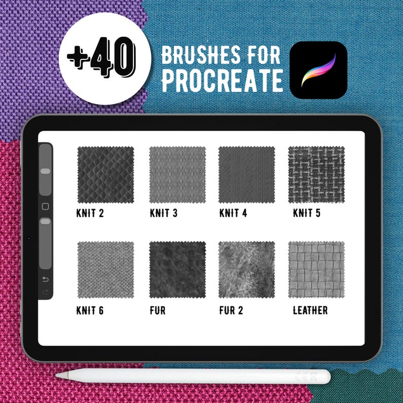 K&ouml;nnte beinhalten: Ein digitales Tablet mit einer Procreate-Oberfl&auml;che und 40 Pinseln, das acht quadratische Muster mit den Bezeichnungen Knit 2, Knit 3, Knit 4, Knit 5, Knit 6, Fur, Fur 2 und Leather zeigt. Der Text lautet +40 BRUSHES FOR PROCREATE mit dem Procreate-Symbol.