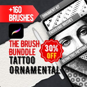 Op de afbeelding: Een digitale penseelset voor Procreate met 160 tattoo- en ornamentontwerpen. De afbeelding toont een witte stylus, een Procreate-pictogram en tekst waaronder +160 BRUSHES, THE BRUSH BUNDDLE TATTOO ORNAMENTAL en 30% OFF, naast diverse voorbeeldpanelen.