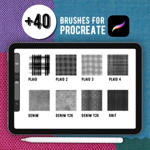 K&ouml;nnte beinhalten: Ein digitaler Tablet-Bildschirm mit einem Set aus 40 Procreate-Pinseln, die verschiedene Stofftexturen wie Karomuster, Denim und Strick zeigen. Der Bildschirm zeigt acht verschiedene Muster mit den Bezeichnungen Plaid, Plaid 2, Plaid 3, Plaid 4, Denim, Denim Y2K und Knit.