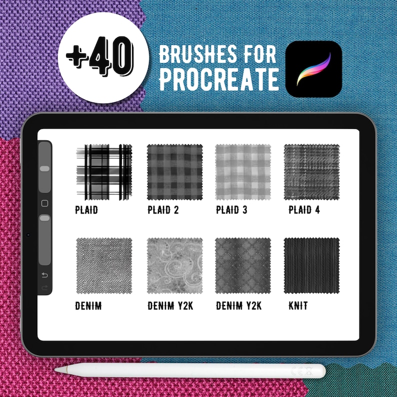 K&ouml;nnte beinhalten: Ein digitaler Tablet-Bildschirm mit einem Set aus 40 Procreate-Pinseln, die verschiedene Stofftexturen wie Karomuster, Denim und Strick zeigen. Der Bildschirm zeigt acht verschiedene Muster mit den Bezeichnungen Plaid, Plaid 2, Plaid 3, Plaid 4, Denim, Denim Y2K und Knit.