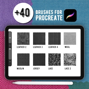 K&ouml;nnte beinhalten: Ein digitales Tablet mit einer Procreate-Oberfl&auml;che f&uuml;r 40 Pinsel, das acht quadratische Muster mit den Bezeichnungen Leather 2, Leather 3, Leather 4, Wool, Muslin, Jersey, Lace und Lace 2 zeigt. Ein wei&szlig;er Eingabestift liegt unter dem Bildschirm.