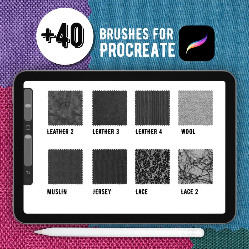 K&ouml;nnte beinhalten: Ein digitales Tablet mit einer Procreate-Oberfl&auml;che f&uuml;r 40 Pinsel, das acht quadratische Muster mit den Bezeichnungen Leather 2, Leather 3, Leather 4, Wool, Muslin, Jersey, Lace und Lace 2 zeigt. Ein wei&szlig;er Eingabestift liegt unter dem Bildschirm.