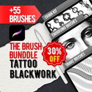 Può includere: Un set di pennelli digitali per Procreate con 55 pennelli per tatuaggi blackwork. L'immagine mostra uno stilo bianco, un'icona Procreate e testo che include +55 BRUSHES, THE BRUSH BUNDLE TATTOO BLACKWORK, CHAIN KIT, ENGRAVING BRUSHES e SNAKE BRUSHES.