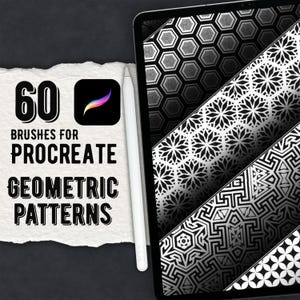 May include: A digital tablet displaying various black and white geometric patterns, accompanied by a white stylus. Text on the left reads 60 BRUSHES FOR PROCREATE GEOMETRIC PATTERNS, featuring the Procreate app icon with a colourful brush stroke.