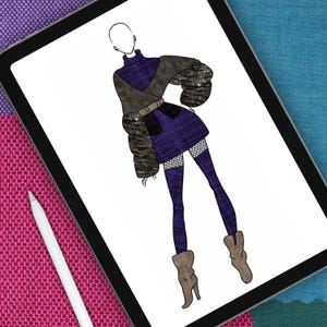 K&ouml;nnte beinhalten: Eine digitale Modeillustration auf einem Tablet-Bildschirm zeigt eine Figur in einem violetten karierten Rollkragenkleid, einem dunkelbraunen Wickeloberteil, volumin&ouml;sen, dunkel texturierten &Auml;rmeln, einem braunen G&uuml;rtel, Netzstr&uuml;mpfen und beigen Stiefeln mit Absatz.