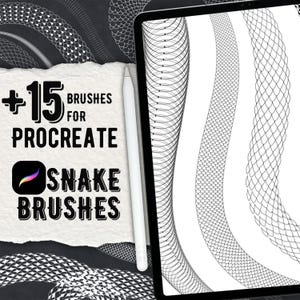 Puede incluir: Una tableta digital que muestra varios patrones de escamas de serpiente en blanco y negro, acompañada de un lápiz óptico blanco. El texto en la pantalla dice +15 BRUSHES FOR PROCREATE SNAKE BRUSHES, mostrando herramientas de dibujo digital.