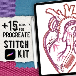 Könnte beinhalten: Ein digitales Tablet zeigt eine anatomische Herzillustration in Rot und Pink mit stichartigen Texturen. Ein weißer Eingabestift liegt neben dem Bildschirm. Der Text lautet: +15 BRUSHES FOR PROCREATE STITCH KIT, inklusive Procreate-App-Symbol.