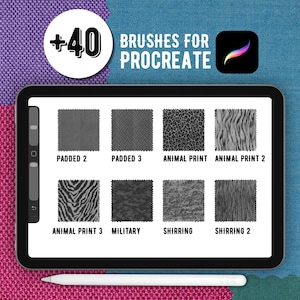 K&ouml;nnte beinhalten: Ein digitaler Tablet-Bildschirm zeigt eine Sammlung von 40 Pinseln f&uuml;r Procreate mit acht verschiedenen Graustufen-Texturmustern, beschriftet als Padded 2, Padded 3, Animal Print, Animal Print 2, Animal Print 3, Military, Shirring und Shirring 2.