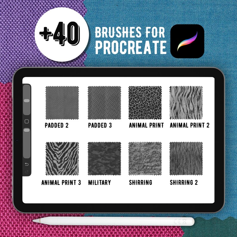K&ouml;nnte beinhalten: Ein digitaler Tablet-Bildschirm zeigt eine Sammlung von 40 Pinseln f&uuml;r Procreate mit acht verschiedenen Graustufen-Texturmustern, beschriftet als Padded 2, Padded 3, Animal Print, Animal Print 2, Animal Print 3, Military, Shirring und Shirring 2.