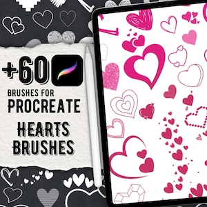 May include: A digital tablet displaying a white screen filled with various pink and magenta heart illustrations, accompanied by a white stylus. The text reads +60 BRUSHES FOR PROCREATE HEARTS BRUSHES, set against a black background with white heart outlines.