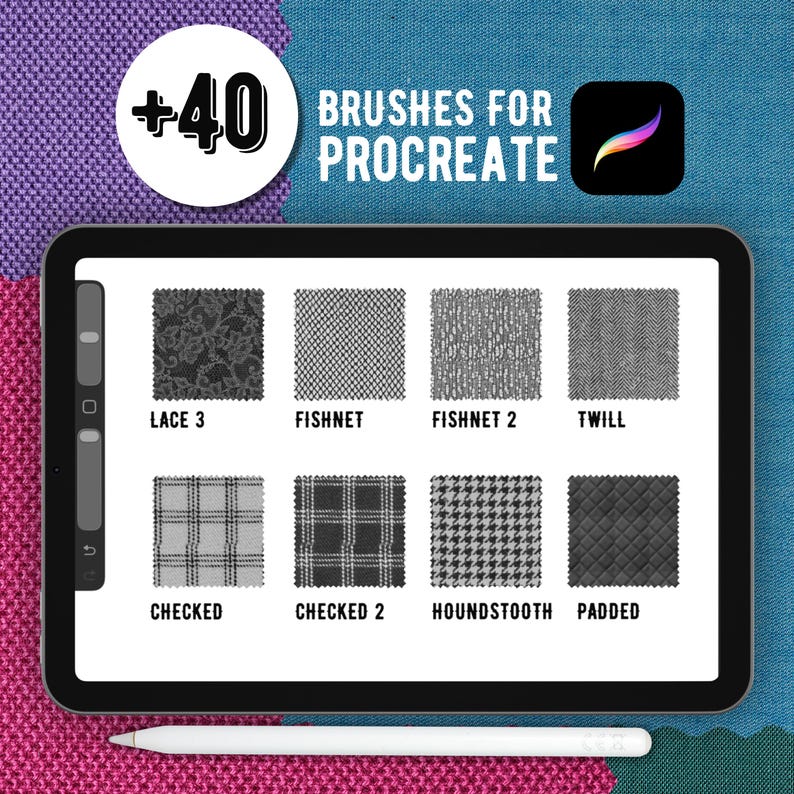 K&ouml;nnte beinhalten: Ein Tablet-Bildschirm mit einem digitalen Pinselset mit der Aufschrift +40 BRUSHES FOR PROCREATE, das acht Stofftextur-Muster mit den Bezeichnungen Lace 3, Fishnet, Fishnet 2, Twill, Checked, Checked 2, Houndstooth und Padded zeigt, mit einem Stift.